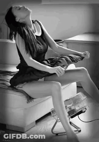 Woman In Black Dress Sitting Next To Fan GIF