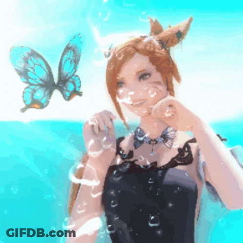 Woman In Black Dress Surrounded By Bubbles And Butterfly GIF