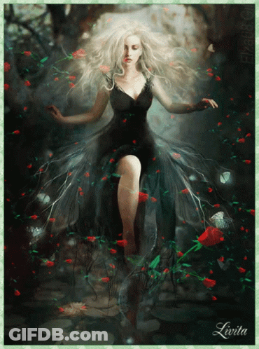 Woman In Black Dress Surrounded By Red Flowers And Butterflies GIF