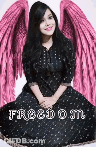 Woman In Black Dress With Pink Wings Sitting Before Freedom GIF