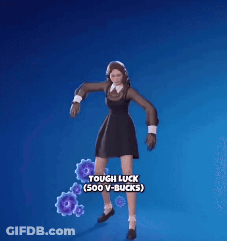 Woman In Black Dress With Purple Gears Saying Tough Luck 500 V-Bucks GIF