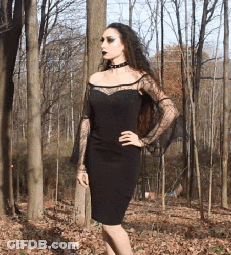 Woman In Black Dress With Spider Web Sleeves GIF