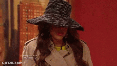 Woman In Black Hat And Trench Coat Funny Face GIF