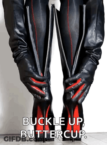 Woman In Black Leather Boots With Red Stitching GIF