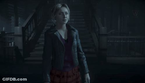 Woman In Black Leather Jacket Standing In Front Of Stairs GIF