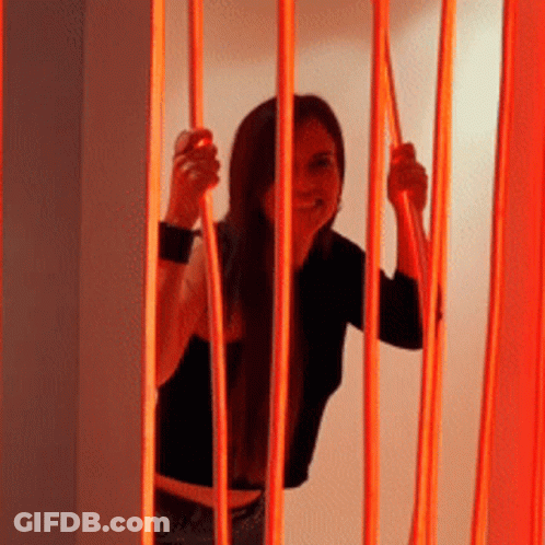 Woman In Black Shirt Behind Red Fence GIF