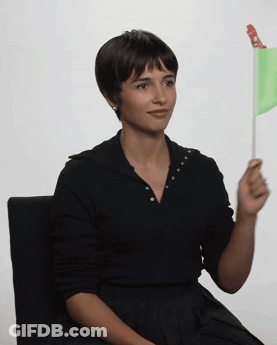 Woman In Black Shirt Holding Green Flag With Red Circle GIF