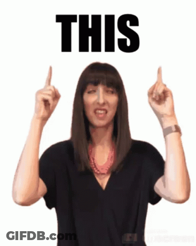 Woman In Black Shirt Pointing Up Saying This GIF