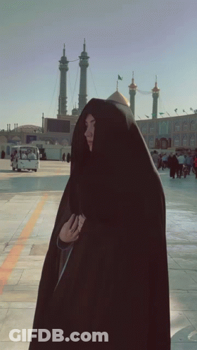 Woman In Black Veil Standing Before Building GIF