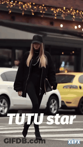 Woman In Black Walking With Tutu Star Text GIF