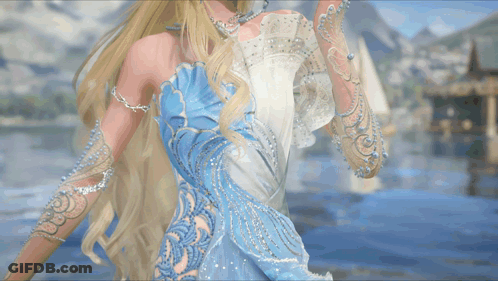 Woman In Blue And White Dress By Lake GIF