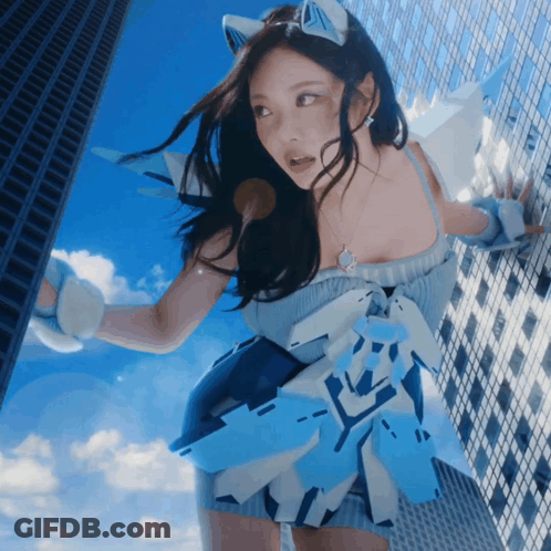 Woman In Blue And White Dress By Skyscraper GIF