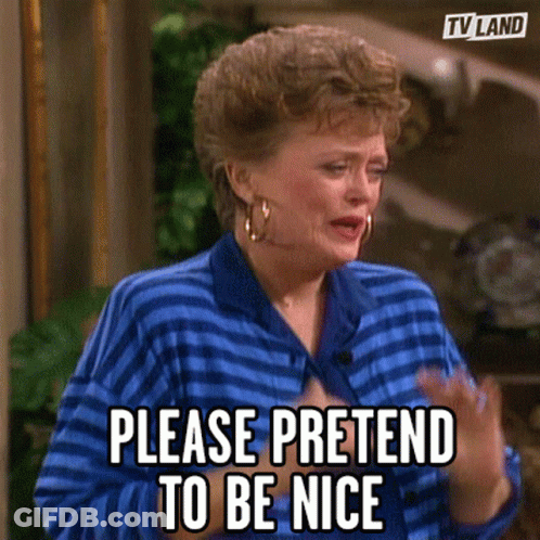 Woman In Blue And White Striped Shirt Saying Please Pretend To Be Nice GIF