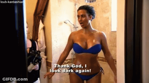 Woman In Blue Bikini Saying Thank God I Look Dark Again GIF