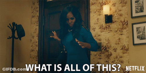 Woman In Blue Dress Asking What Is All This On Netflix GIF