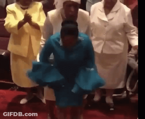 Woman In Blue Dress Dancing In Church With Women GIF