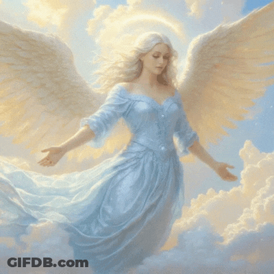Woman In Blue Dress Flying Through Clouds With White Wings GIF
