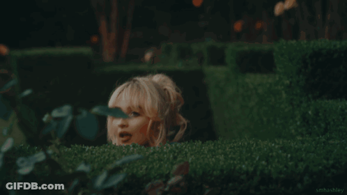 Woman In Blue Dress Hiding Behind Hedge GIF