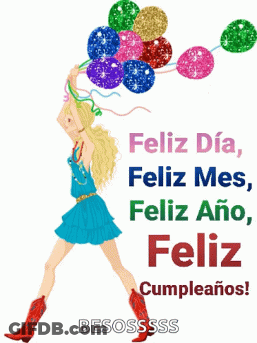 Woman In Blue Dress Holding Balloons Says Feliz Cumpleanos GIF