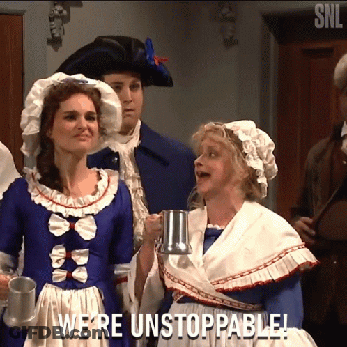 Woman In Blue Dress Holding Beer Mug Says We're Unstoppable GIF