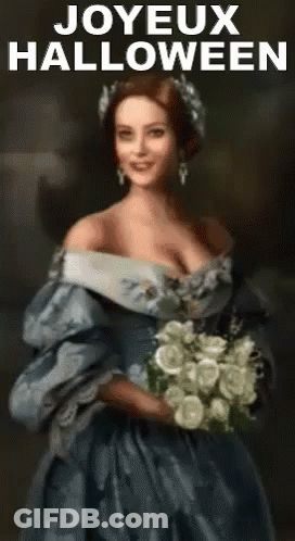 Woman In Blue Dress Holding Flowers And Joyeux Halloween Sign GIF
