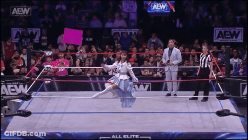 Woman In Blue Dress Holding Pink Sign In Wrestling Ring GIF
