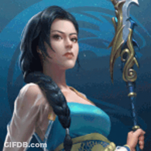 Woman In Blue Dress Holding Spear GIF