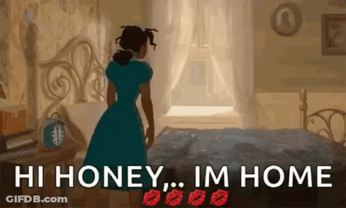 Woman In Blue Dress In Bedroom With Bed And Window GIF