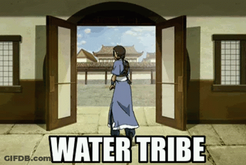 Woman In Blue Dress In Front Of Water Tribe Door GIF