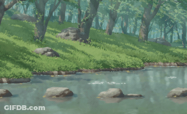 Woman In Blue Dress Jumping Over Stream GIF