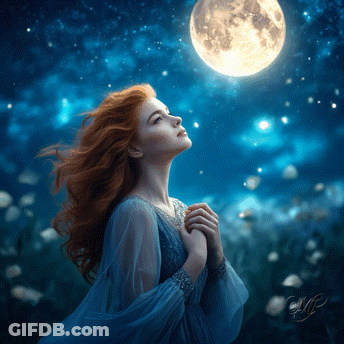 Woman In Blue Dress Looking At Full Moon GIF