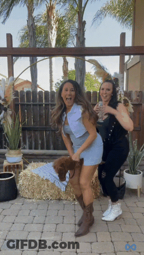 Woman In Blue Dress Next To Woman In Black Dress GIF