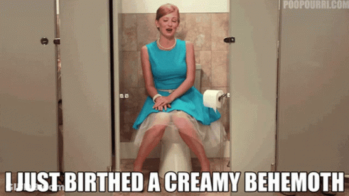 Woman In Blue Dress On Toilet I Just Birthed A Creamy Behemott GIF