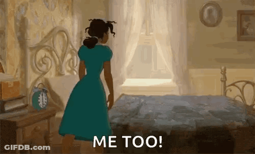 Woman In Blue Dress Saying Me Too By Bed GIF