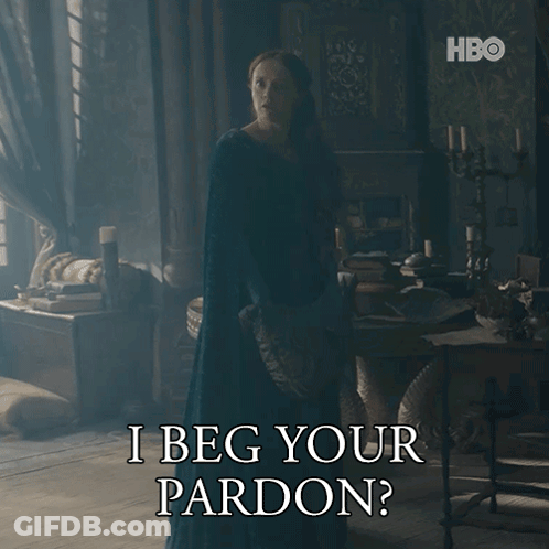 Woman In Blue Dress Says I Beg Your Pardon GIF