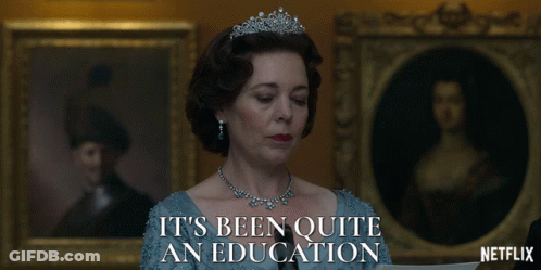 Woman In Blue Dress Says It's Been Quite An Education In Front Of Painting GIF