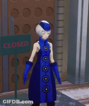 Woman In Blue Dress Standing Before Closed Sign GIF