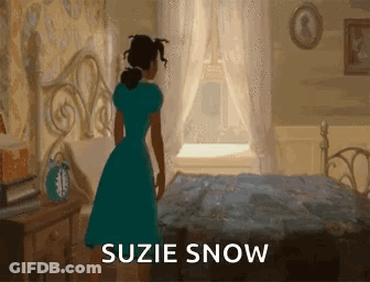 Woman In Blue Dress Standing In Bedroom GIF