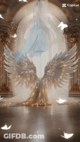 Woman In Blue Dress Surrounded By Angel Wings Capcut GIF