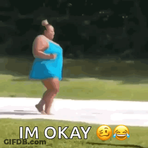 Woman In Blue Dress Walking With Im Okay GIF