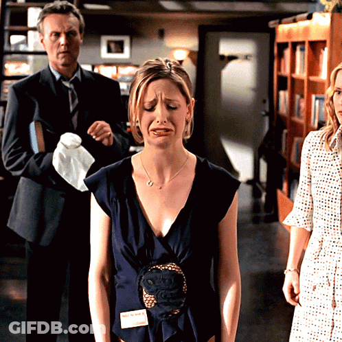 Woman In Blue Dress With Name Tag Sarah GIF