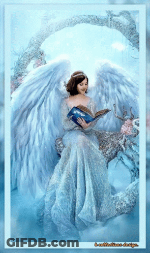 Woman In Blue Dress With White Wings Reading Book GIF