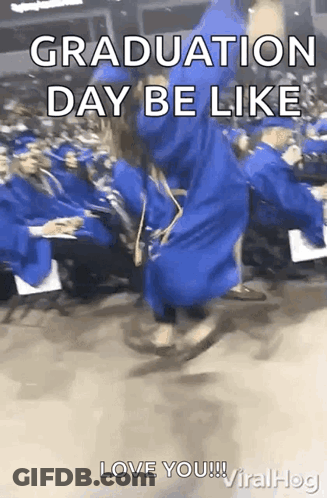 Woman In Blue Graduation Gown Jumping GIF