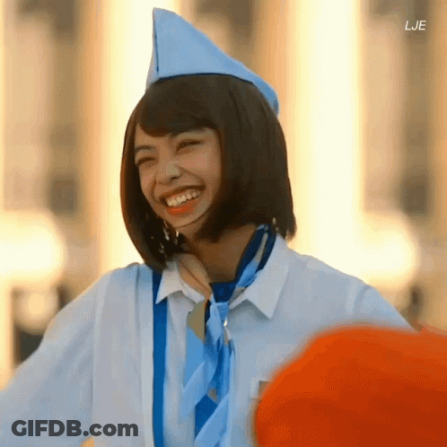 Woman In Blue Hat And Blue Tie With LJE GIF