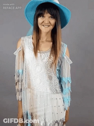 Woman In Blue Hat And White Dress GIF