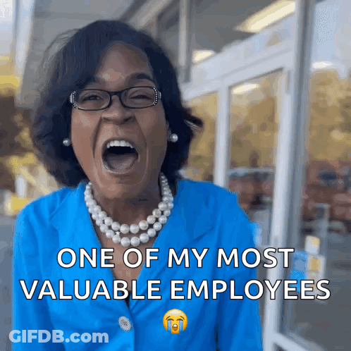 Woman In Blue Jacket And Pearls Screaming One Of My Most Valuable Employees GIF