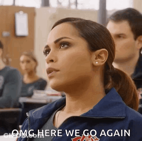 Woman In Blue Jacket Says Omg Here We Go Again GIF