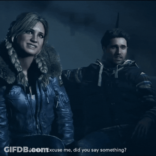 Woman In Blue Jacket Talking To Man In Black Jacket Video Game GIF