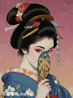 Woman In Blue Kimono Holding Fan GIF