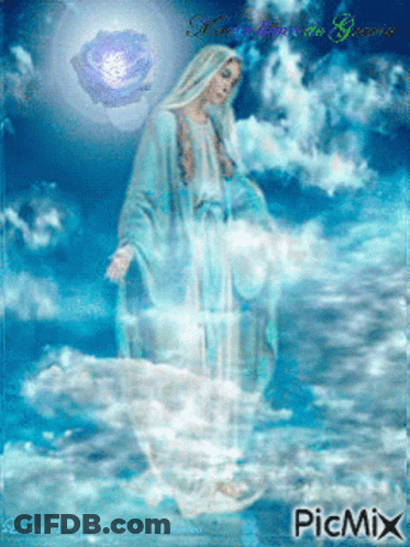 Woman In Blue Robe Standing In Clouds With Purple Flower GIF